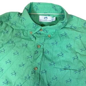 Southern Tide Mens XL Green Sea Turtle Print Linen Blend Short Sleeve Shirt
